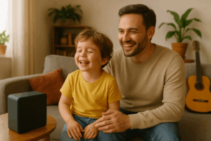 A father and son happily listening to music together
